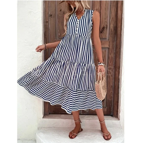 Striped Blue White V-Neck Midi Dress Sleeveless Flared Ruffle Hem A-line - Picture 6 of 8